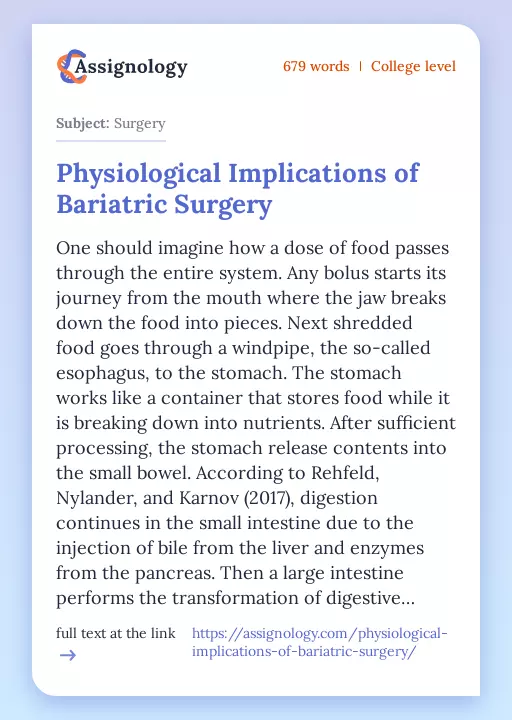Physiological Implications of Bariatric Surgery - Essay Preview
