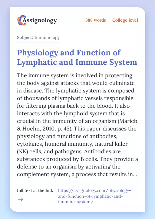 Physiology and Function of Lymphatic and Immune System - Essay Preview