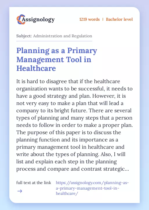 Planning as a Primary Management Tool in Healthcare - Essay Preview