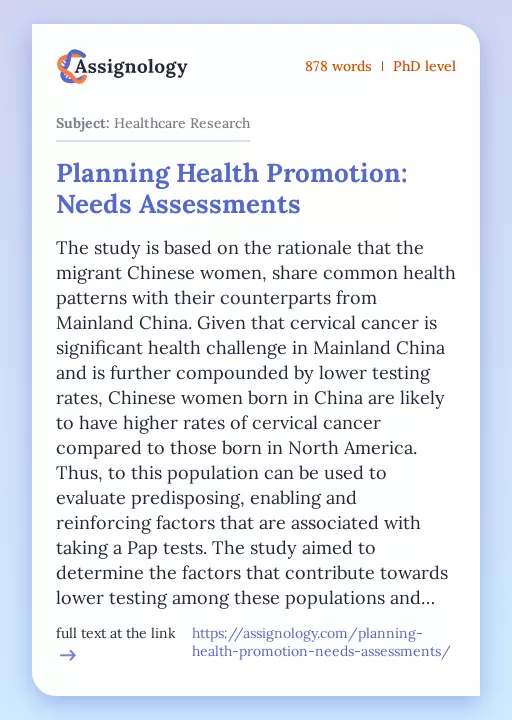 Planning Health Promotion: Needs Assessments - Essay Preview