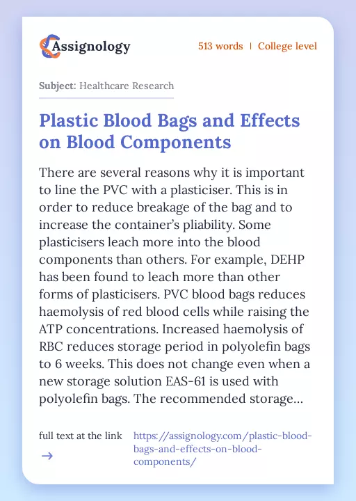 Plastic Blood Bags and Effects on Blood Components - Essay Preview