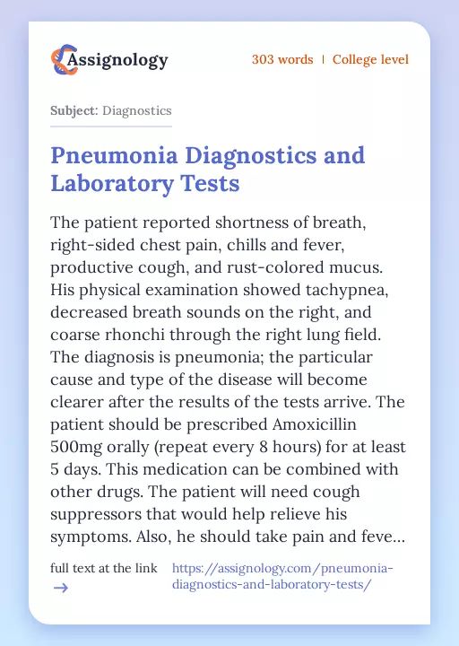 Pneumonia Diagnostics and Laboratory Tests - Essay Preview