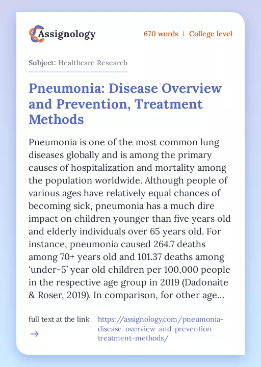 Pneumonia: Disease Overview and Prevention, Treatment Methods - Essay Preview