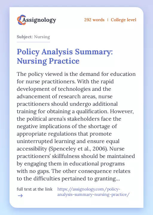 Policy Analysis Summary: Nursing Practice - Essay Preview