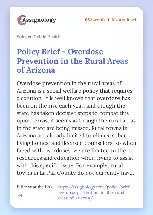 Policy Brief - Overdose Prevention in the Rural Areas of Arizona - Essay Preview