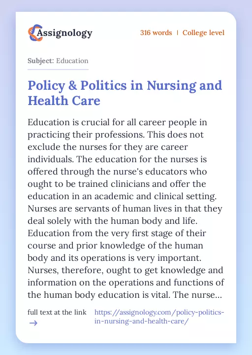 Policy & Politics in Nursing and Health Care - Essay Preview