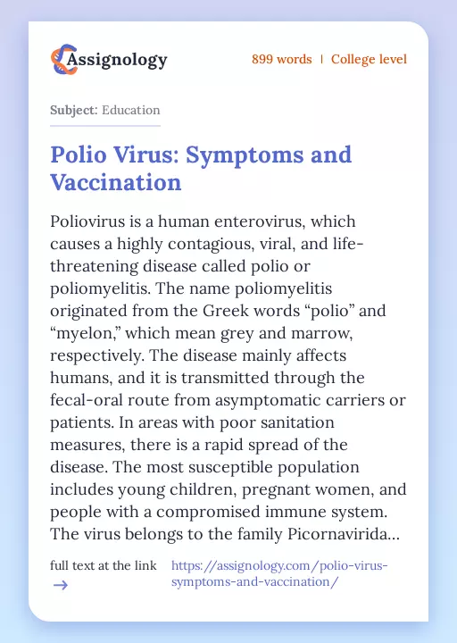 Polio Virus: Symptoms and Vaccination - Essay Preview