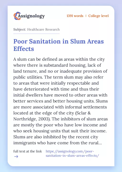 Poor Sanitation in Slum Areas Effects - Essay Preview