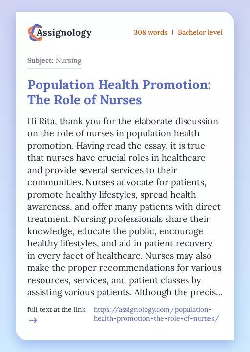 Population Health Promotion: The Role of Nurses - Essay Preview