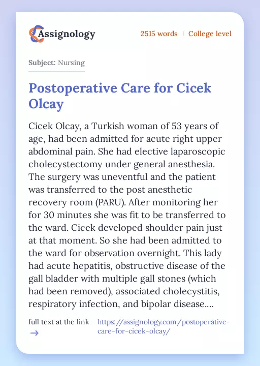Postoperative Care for Cicek Olcay - Essay Preview