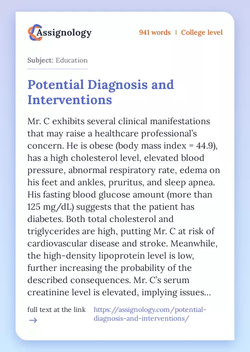 Potential Diagnosis and Interventions - Essay Preview