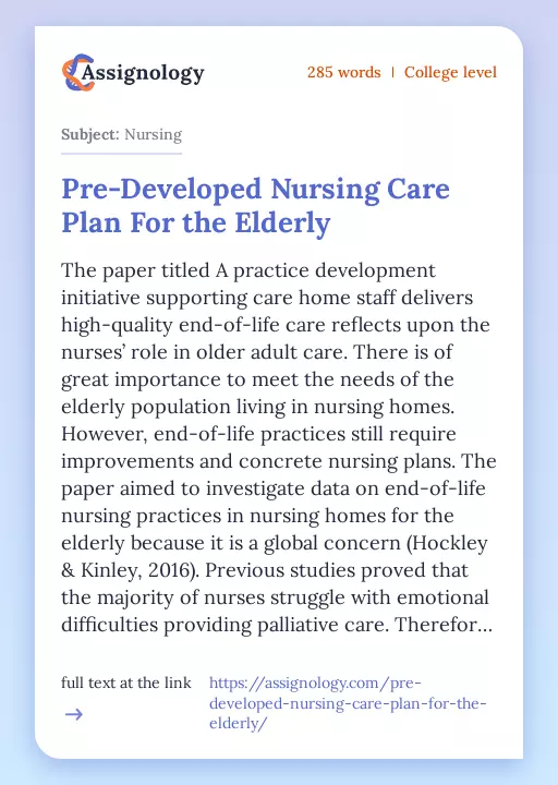 Pre-Developed Nursing Care Plan For the Elderly - Essay Preview