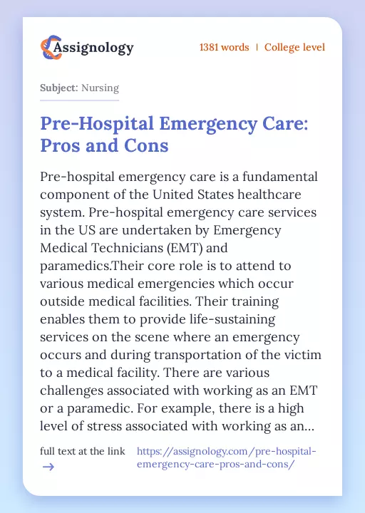 Pre-Hospital Emergency Care: Pros and Cons - Essay Preview
