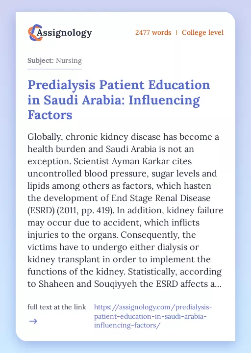 Predialysis Patient Education in Saudi Arabia: Influencing Factors - Essay Preview