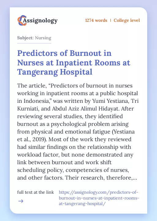 Predictors of Burnout in Nurses at Inpatient Rooms at Tangerang Hospital - Essay Preview