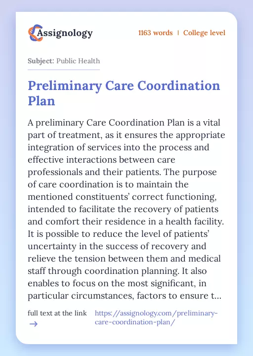 Preliminary Care Coordination Plan - Essay Preview
