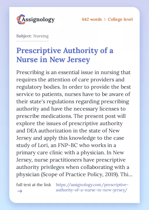 Prescriptive Authority of a Nurse in New Jersey - Essay Preview