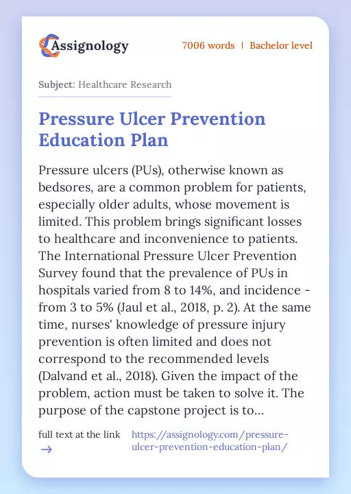 Pressure Ulcer Prevention Education Plan - Essay Preview