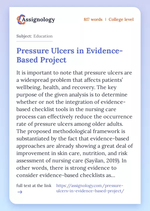 Pressure Ulcers in Evidence-Based Project - Essay Preview