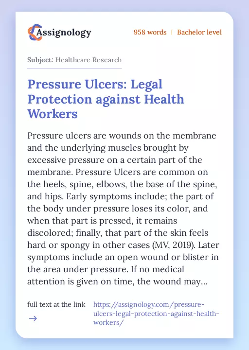 Pressure Ulcers: Legal Protection against Health Workers - Essay Preview