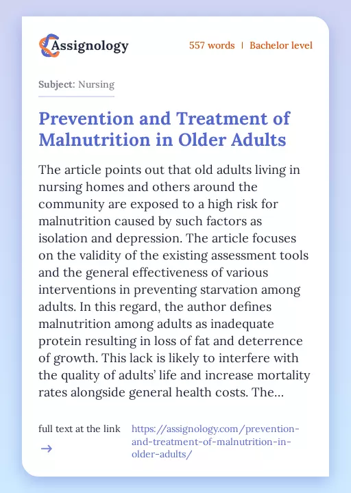 Prevention and Treatment of Malnutrition in Older Adults - Essay Preview