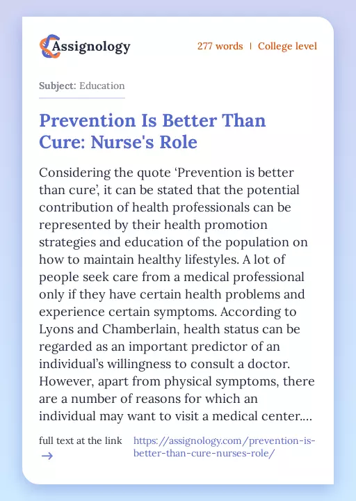 Prevention Is Better Than Cure: Nurse's Role - Essay Preview