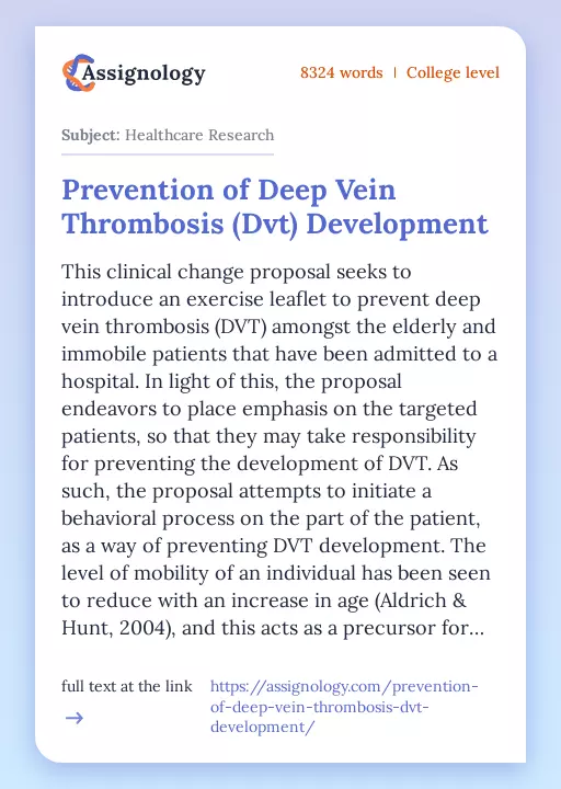 Prevention of Deep Vein Thrombosis (Dvt) Development - Essay Preview