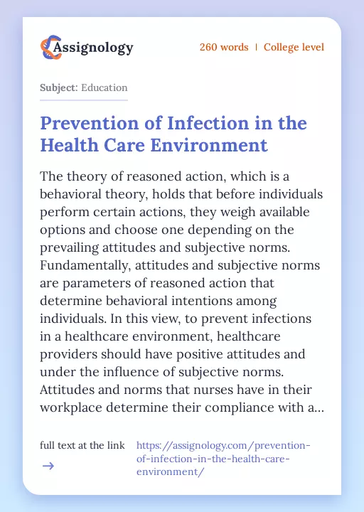 Prevention of Infection in the Health Care Environment - Essay Preview