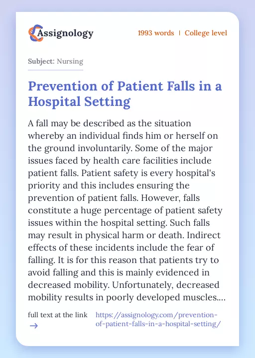 Prevention of Patient Falls in a Hospital Setting - Essay Preview