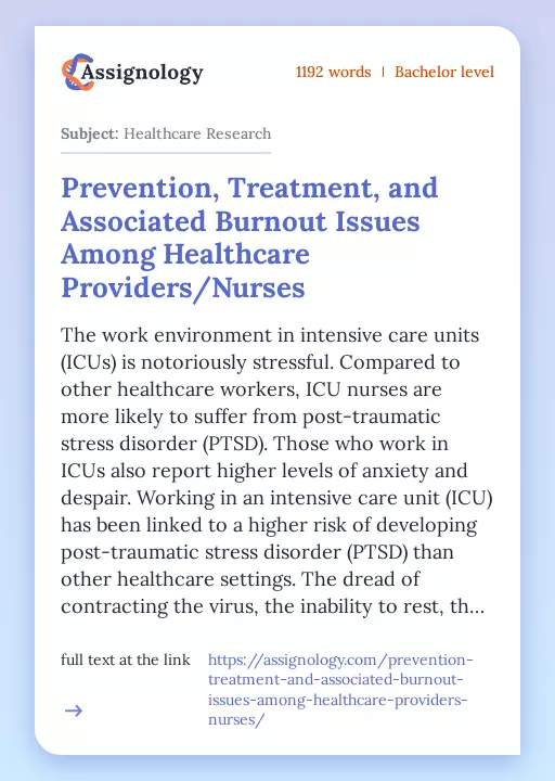 Prevention, Treatment, and Associated Burnout Issues Among Healthcare Providers/Nurses - Essay Preview