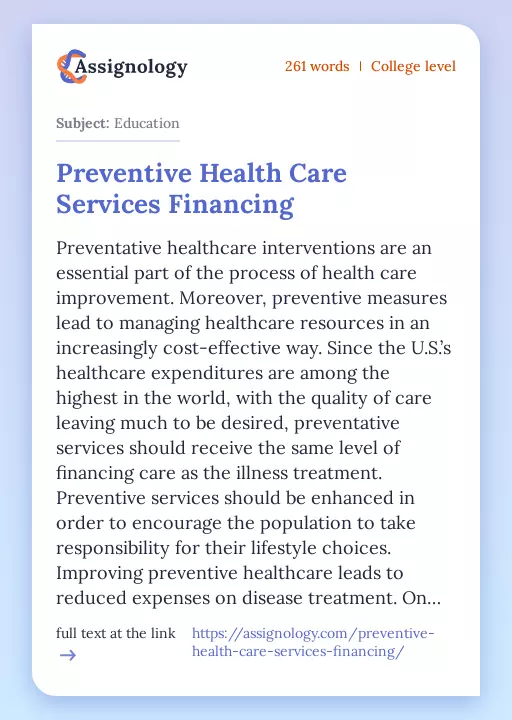 Preventive Health Care Services Financing - Essay Preview
