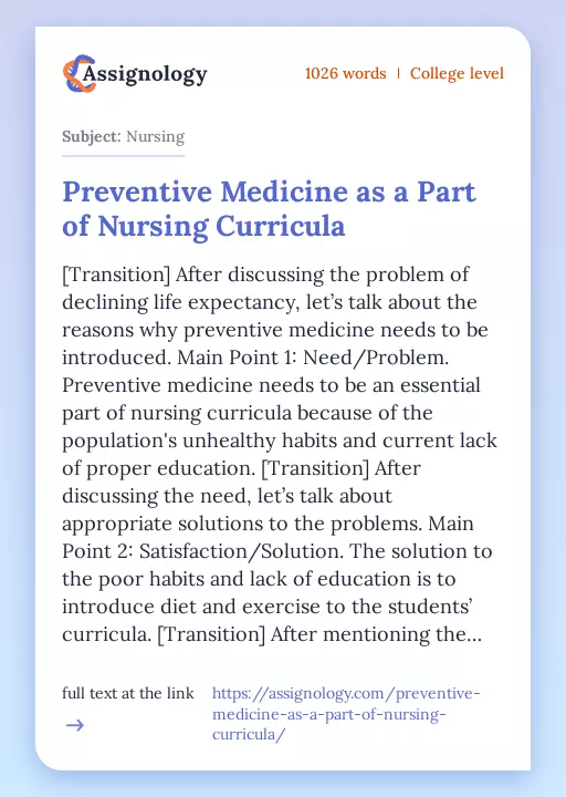 Preventive Medicine as a Part of Nursing Curricula - Essay Preview