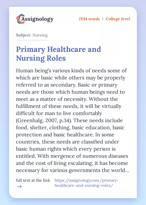 Primary Healthcare and Nursing Roles - Essay Preview