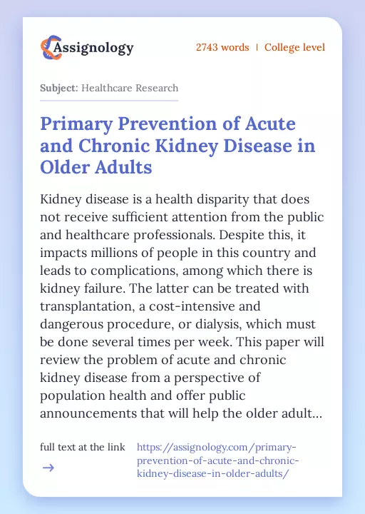Primary Prevention of Acute and Chronic Kidney Disease in Older Adults - Essay Preview