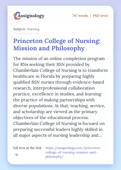 Princeton College of Nursing: Mission and Philosophy - Essay Preview