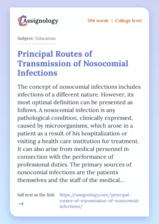 Principal Routes of Transmission of Nosocomial Infections - Essay Preview