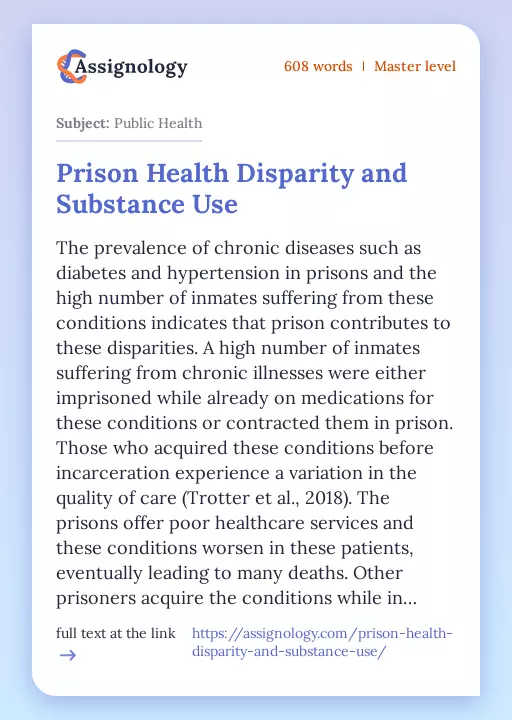 Prison Health Disparity and Substance Use - Essay Preview