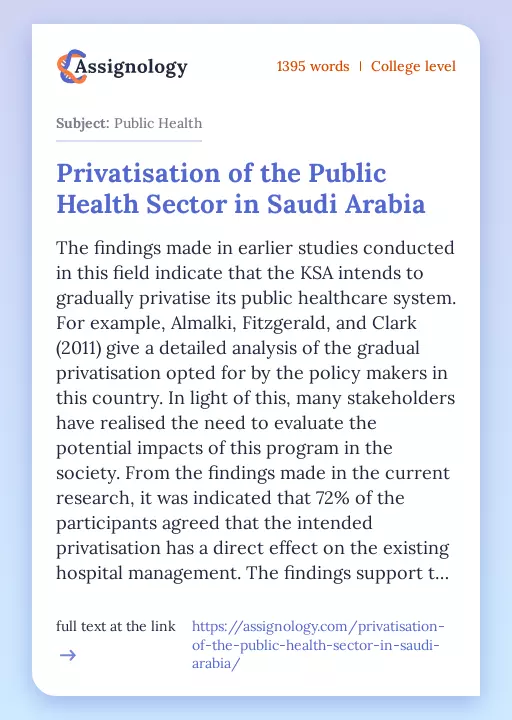 Privatisation of the Public Health Sector in Saudi Arabia - Essay Preview