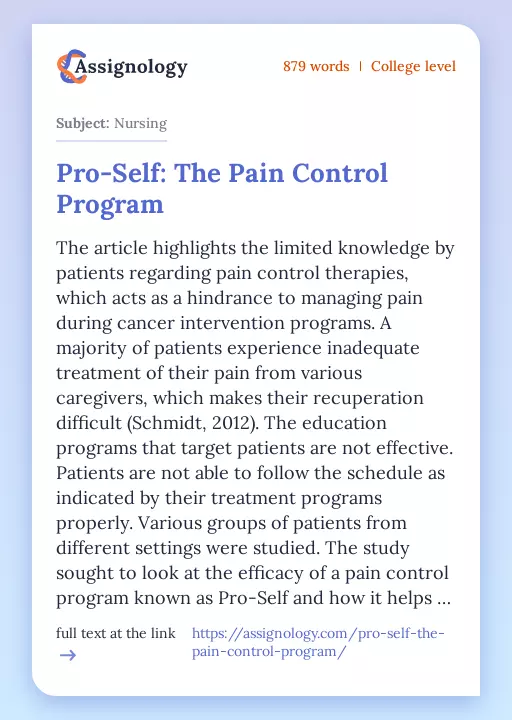 Pro-Self: The Pain Control Program - Essay Preview