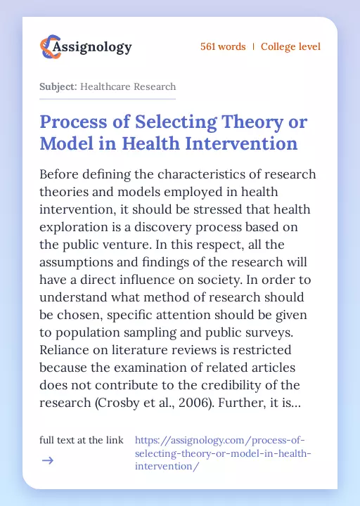Process of Selecting Theory or Model in Health Intervention - Essay Preview