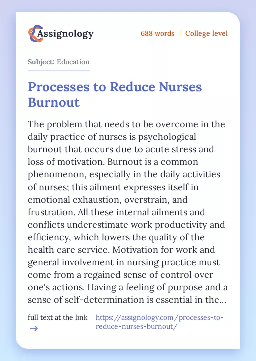 Processes to Reduce Nurses Burnout - Essay Preview