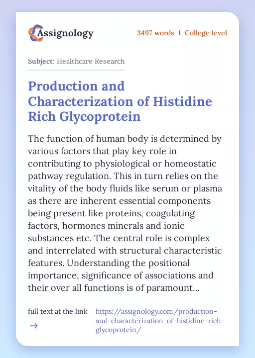 Production and Characterization of Histidine Rich Glycoprotein - Essay Preview