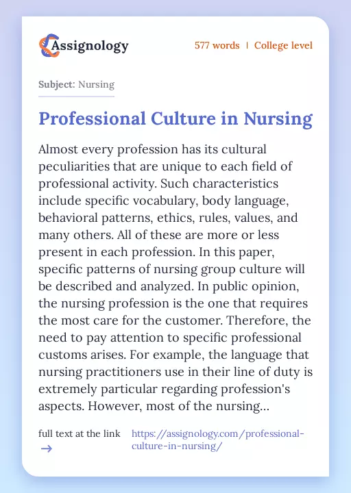 Professional Culture in Nursing - Essay Preview