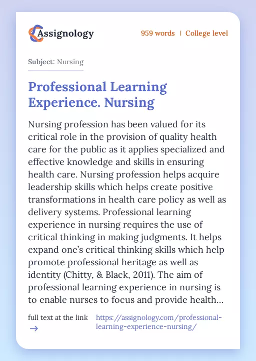 Professional Learning Experience. Nursing - Essay Preview