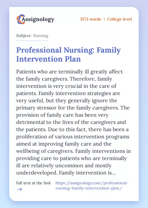 Professional Nursing: Family Intervention Plan - Essay Preview