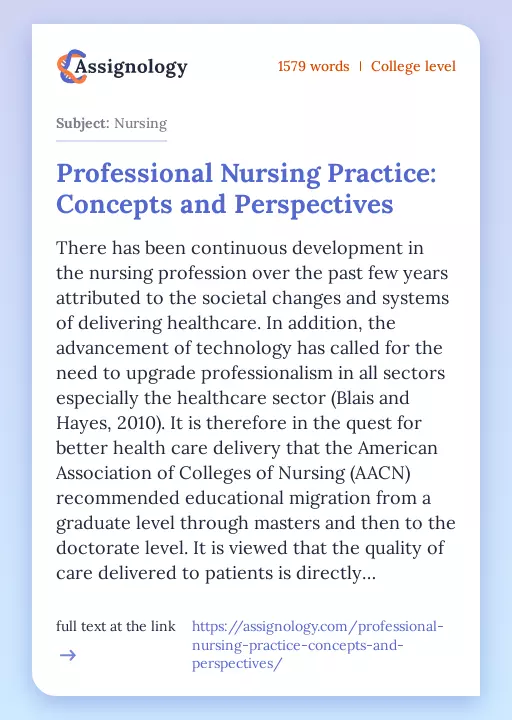 Professional Nursing Practice: Concepts and Perspectives - Essay Preview