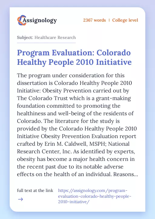 Program Evaluation: Colorado Healthy People 2010 Initiative - Essay Preview
