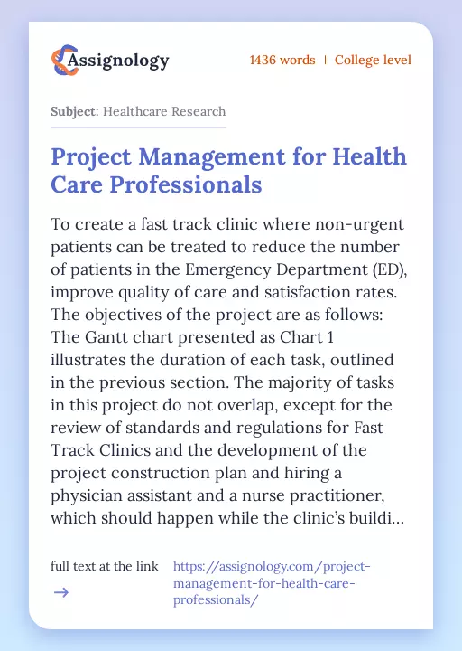 Project Management for Health Care Professionals - Essay Preview