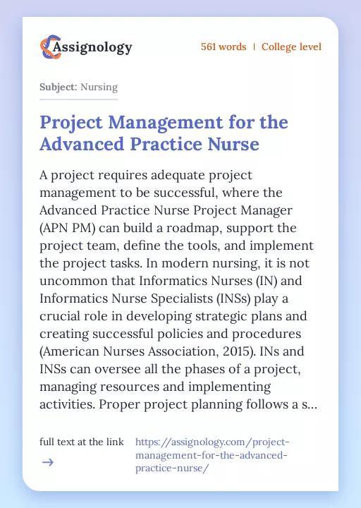 Project Management for the Advanced Practice Nurse - Essay Preview