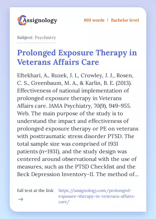 Prolonged Exposure Therapy in Veterans Affairs Care - Essay Preview